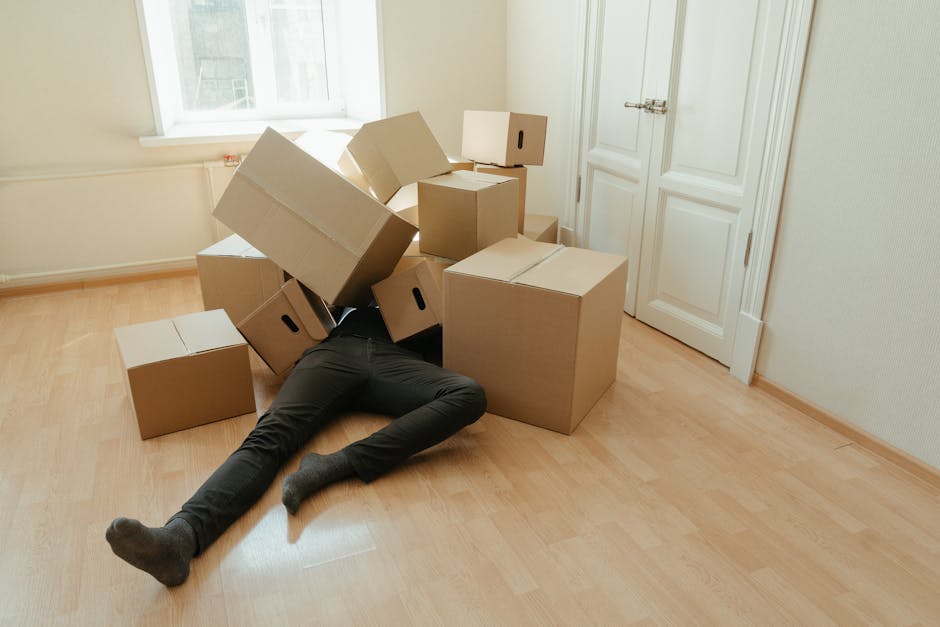 A person lying on the light wooden floor of a room, partially hidden under a stack of cardboard boxes during a home relocation process. The individual is wearing dark pants and socks, with their upper body obscured by the boxes. Several cardboard boxes of varying sizes, some with handles, are placed haphazardly around them, indicating packing and moving activity. The room features white walls, a large window allowing natural light to illuminate the space, and a closed white door with panel design. Behind the boxes, moving blankets and packing materials may be visible, and an area outside the window shows a glimpse of buildings or outdoor environment. The scene depicts the loading or packing stage of furniture transport, with careful handling of household items as part of a professional removals service, such as those offered by Man and Van Deptford.